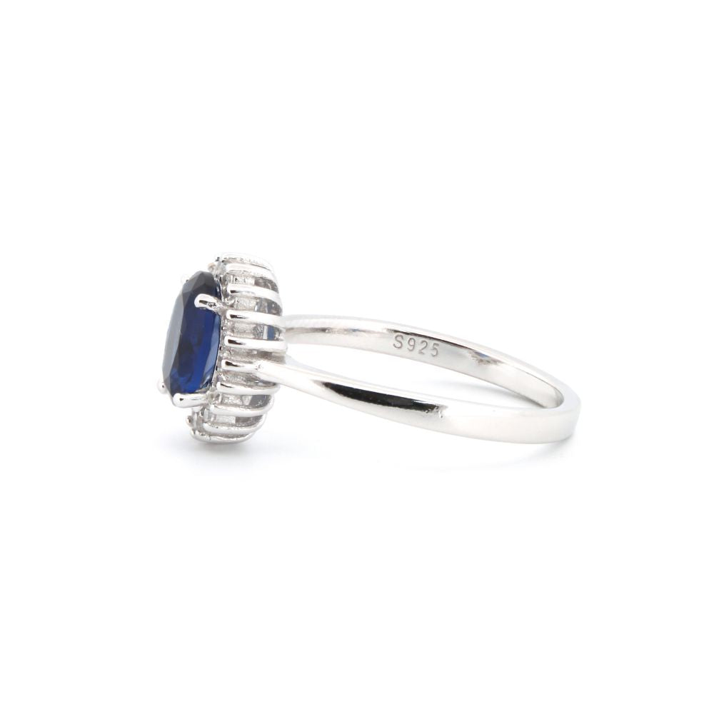 925 Silver Rhodium Cubic Zirconia Set Oval Cluster Sapphire Blue Centre