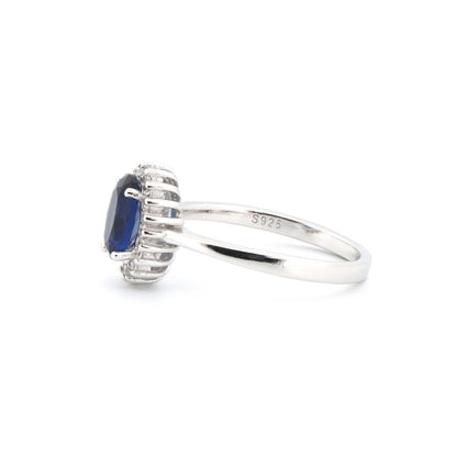 925 Silver Rhodium Cubic Zirconia Set Oval Cluster Sapphire Blue Centre