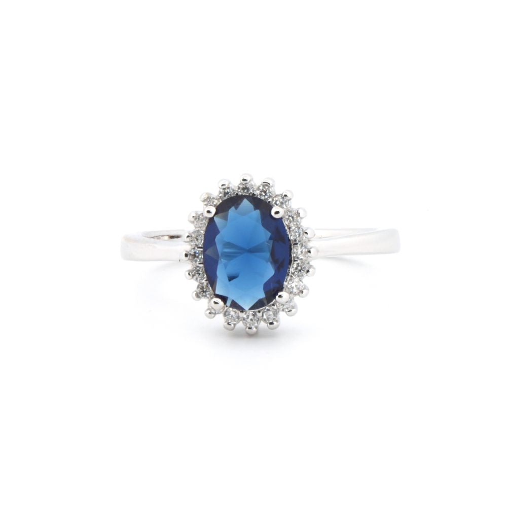 925 Silver Rhodium Cubic Zirconia Set Oval Cluster Sapphire Blue Centre