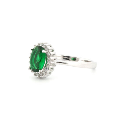 925 Silver Rhodium Cubic Zirconia Set Oval Cluster Emerald Green Centre