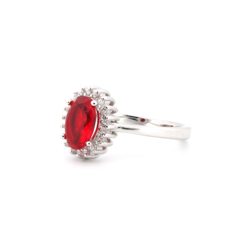 925 Silver Rhodium Cubic Zirconia Set Oval Cluster Ruby Red Centre