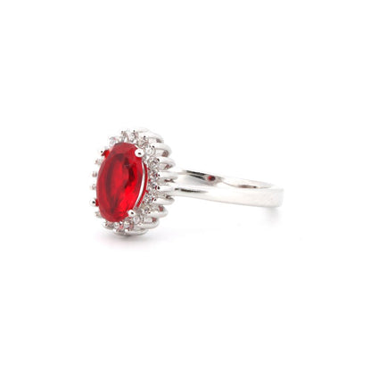 925 Silver Rhodium Cubic Zirconia Set Oval Cluster Ruby Red Centre