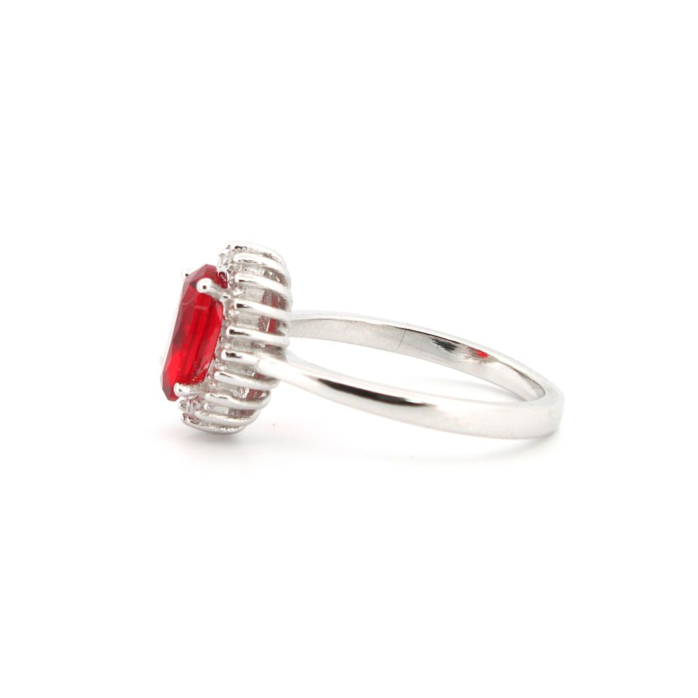 925 Silver Rhodium Cubic Zirconia Set Oval Cluster Ruby Red Centre