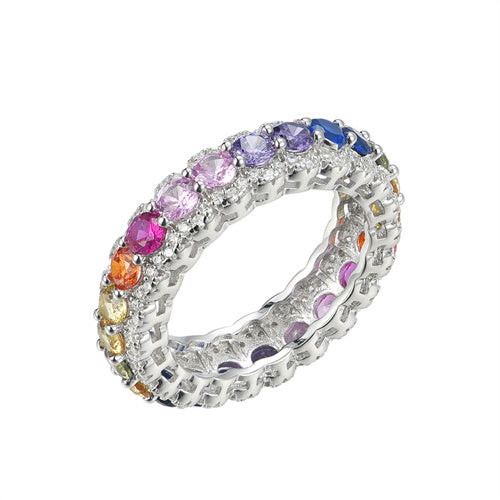 925 Silver Rhodium Plated Multi Col Cubic Zirconia Full Eternity Ring