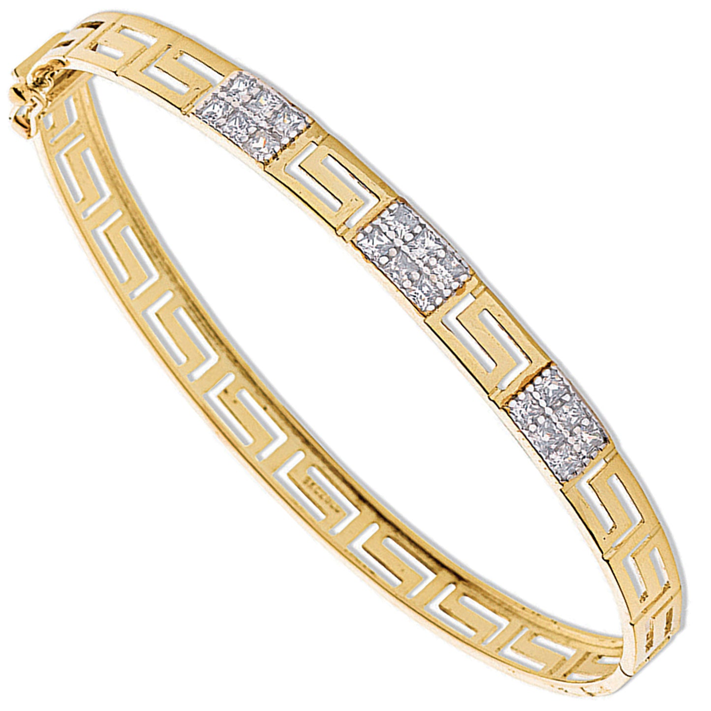 Yellow Gold Cubic Zirconia Greek Key Bangle - 9ct Gold