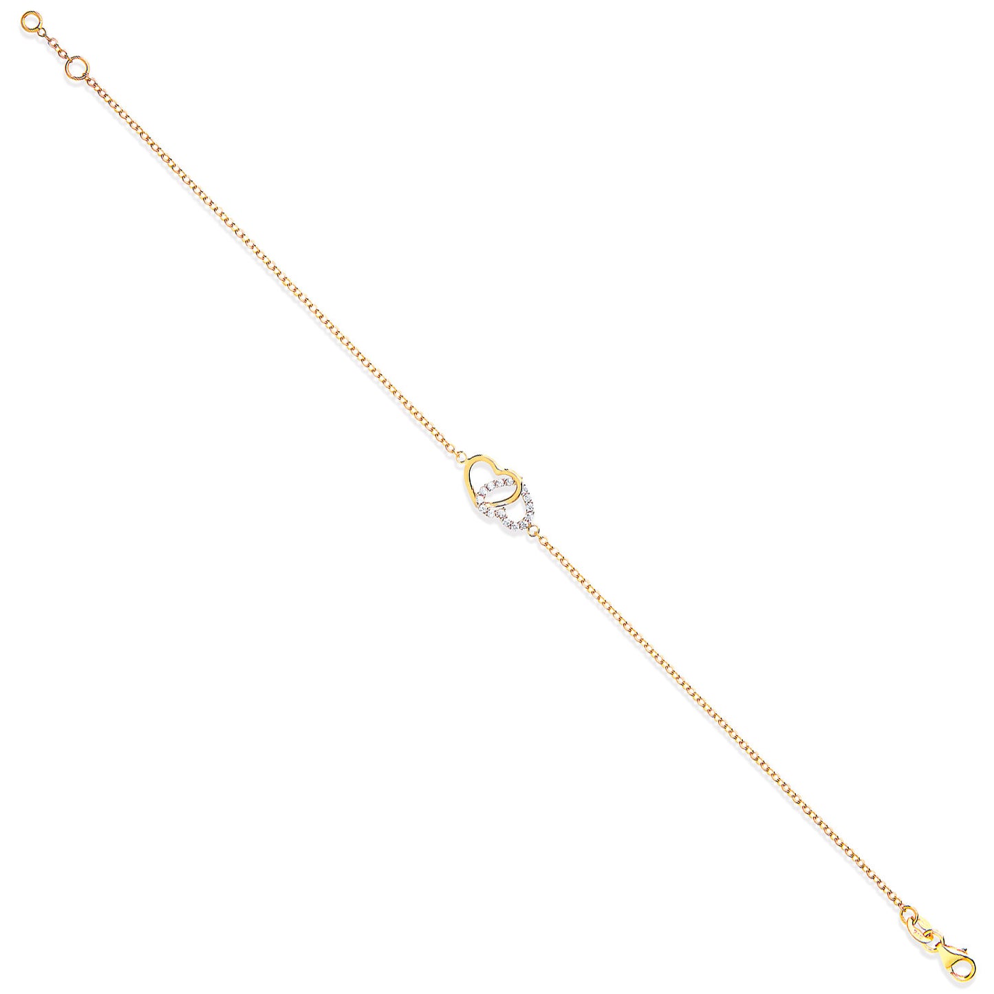 Yellow Gold Plain & Cubic Zirconia Hearts Ladies Bracelet - 9ct Gold