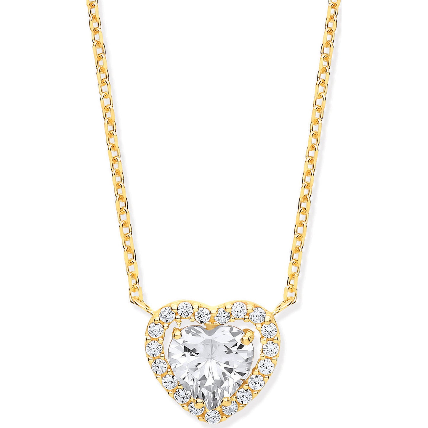 Yellow Gold Heart Halo Style Cubic Zirconias Pendant on 18" Chain - 9ct Gold