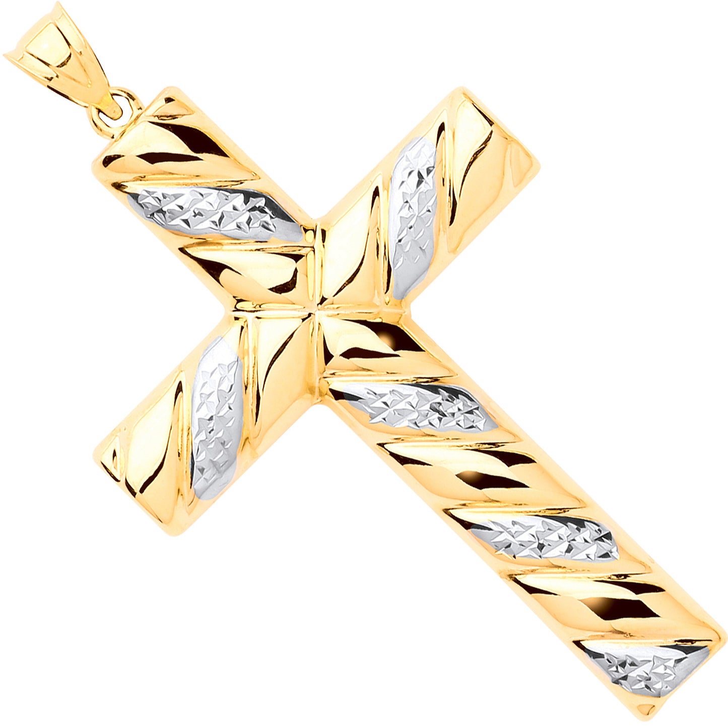 Yellow & White Gold Large Hollow Tube Ribbed Cross - 9ct Gold
