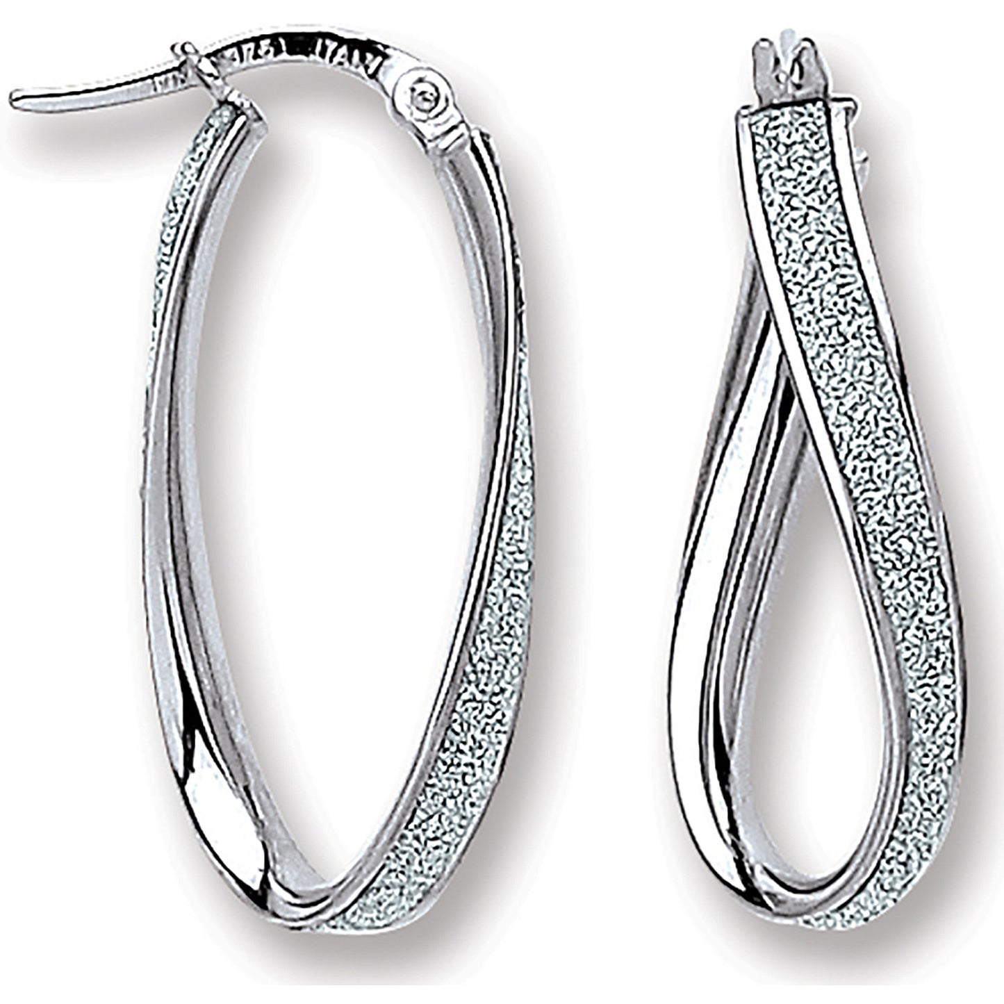 White Gold Glitter Oval Twist Hoop Earrings - 9ct Gold