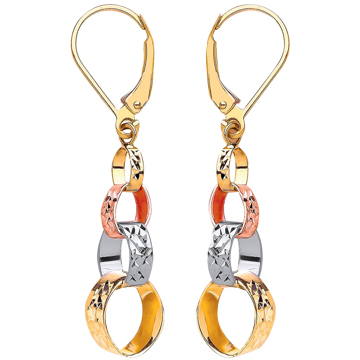 Three Colour Interlink Drop Earrings - 9ct Gold