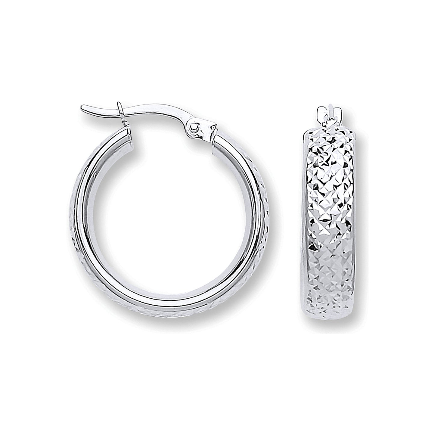 White Gold 20mm Tyre Tread Design D Shape Earrings - 9ct Gold