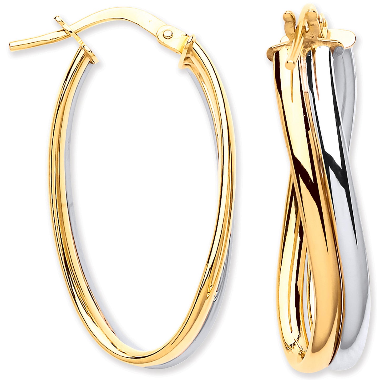 White & Yellow Gold Wavy Flat HollowTube Earrings - 9ct Gold
