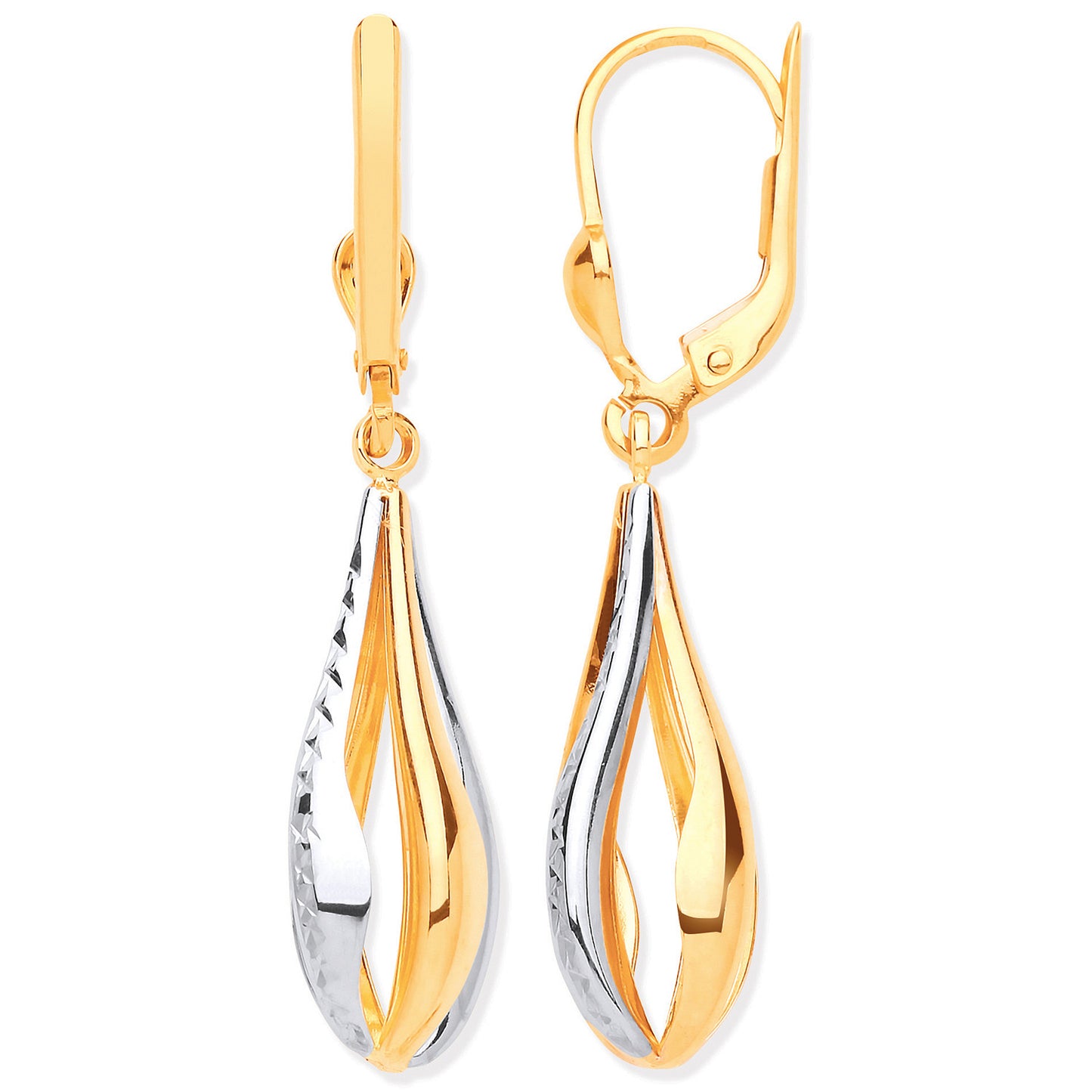 Yellow & White Gold Teardrop Style Earrings - 9ct Gold