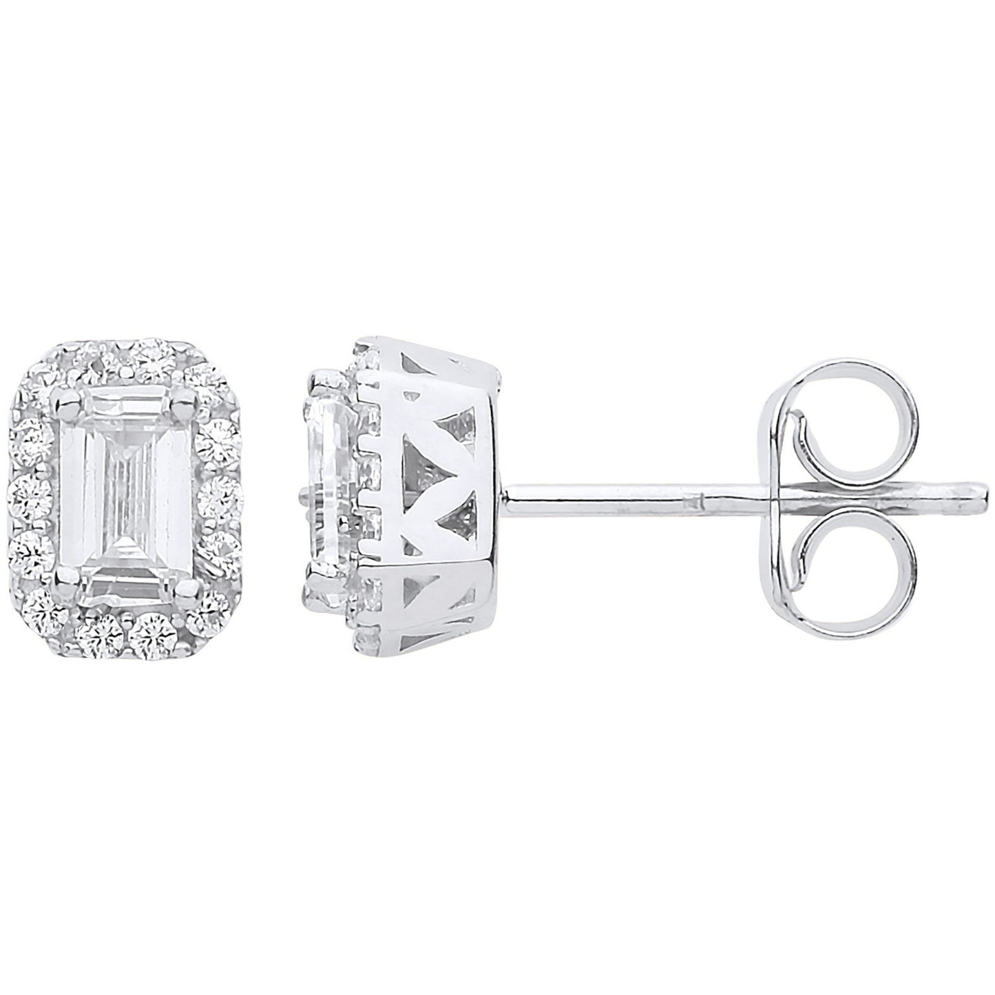 White Gold Baguette Halo Stud Earrings - 9ct Gold