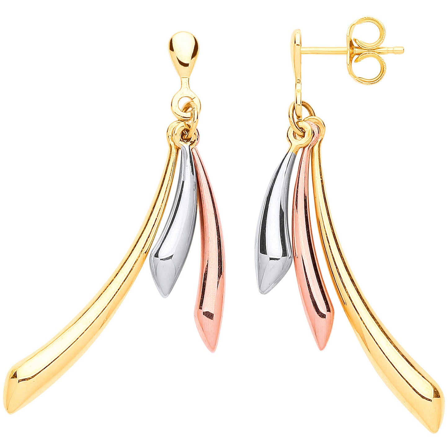 Yellow, White & Rose Gold Horn Hollow Drop Earrings - 9ct Gold