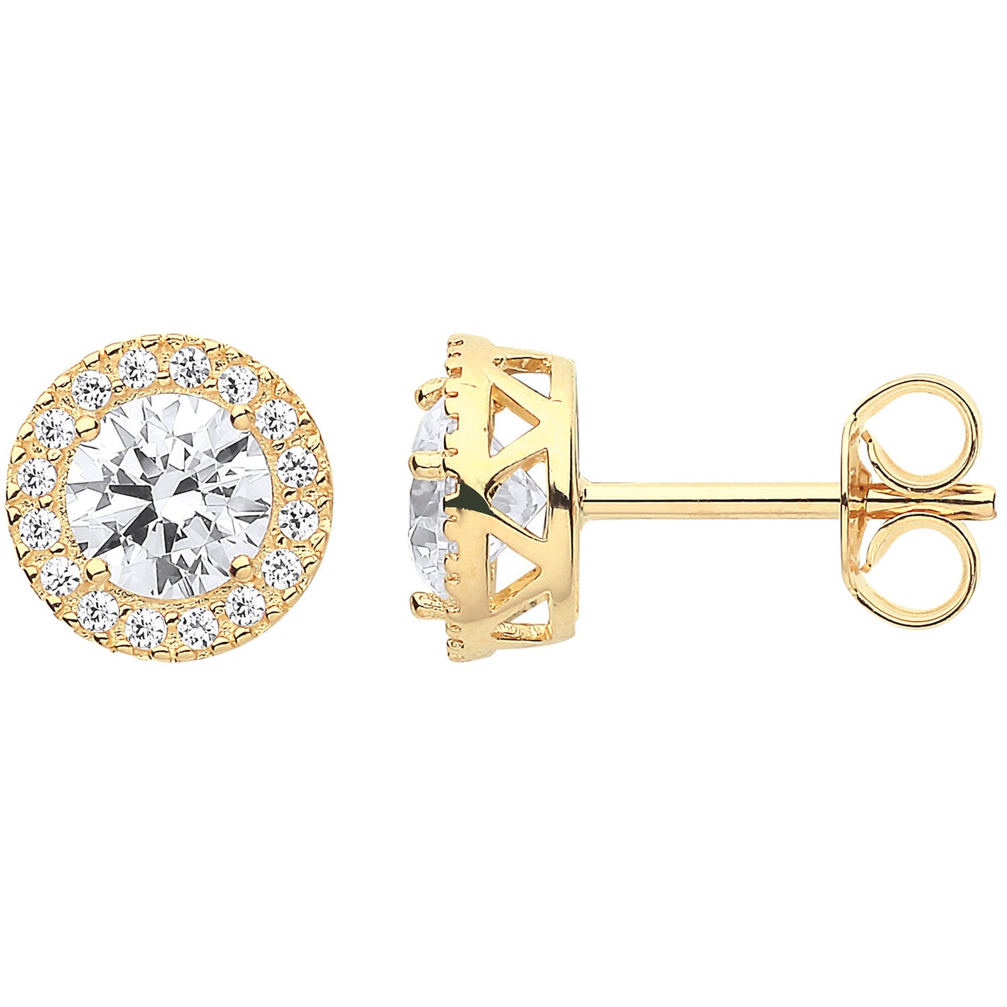 Yellow Gold 8mm Round Cubic Zirconia Halo Stud Earrings - 9ct Gold