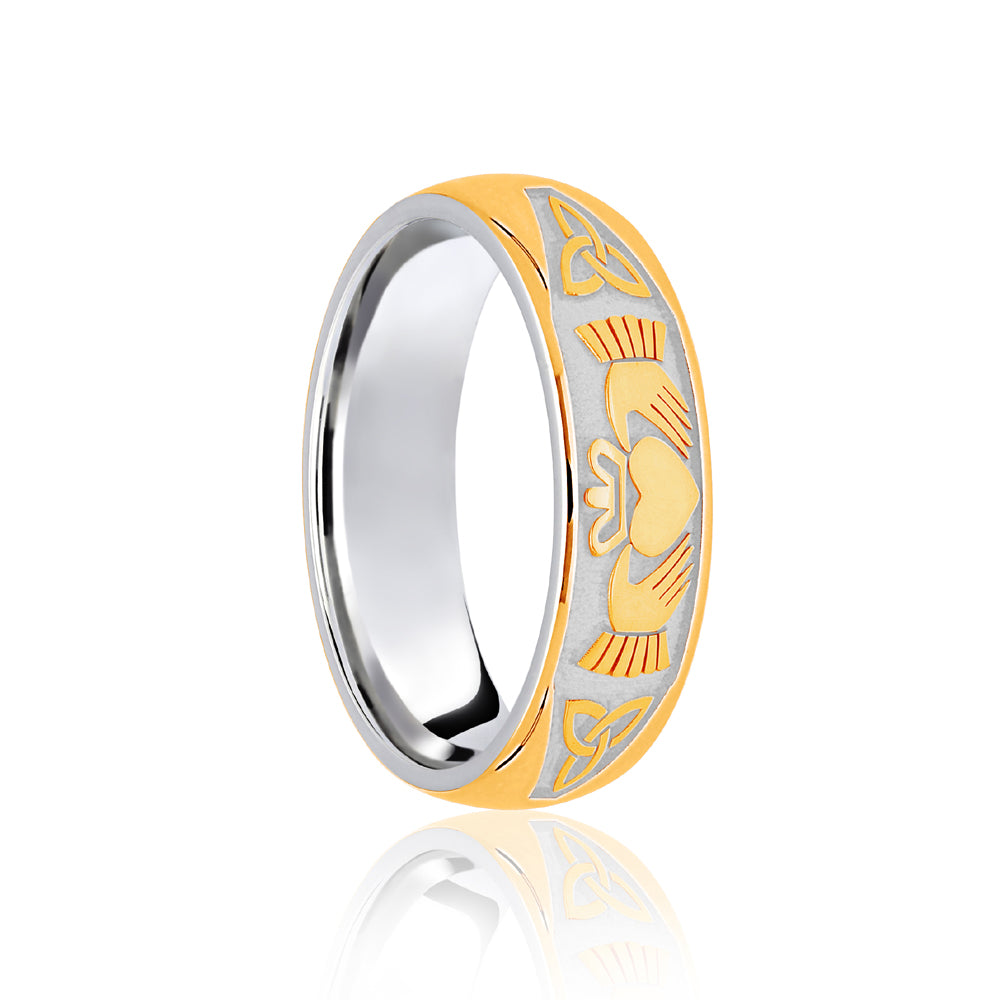 18ct White & Yellow Celtic Half Engraved Wedding Band 8mm
