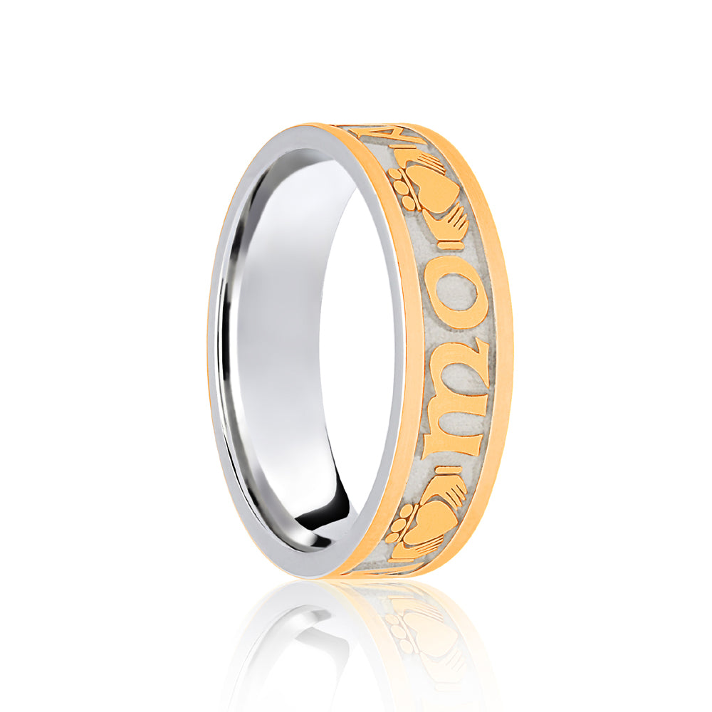 18ct White & Yellow Flat Court 8mm Celtic Laser Engraved Wedding Band