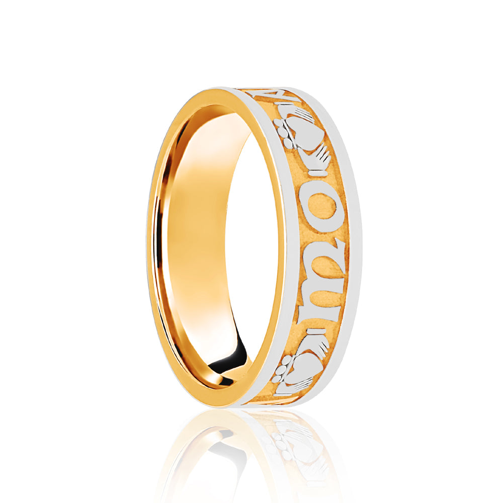 9ct Yellow & White Flat Court 7mm Celtic Laser Engraved Wedding Band