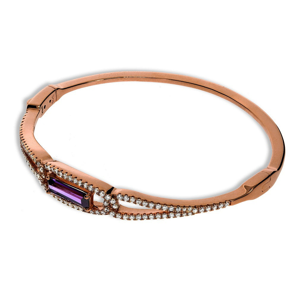 Rose Coated Silver, Micro Pave' Cubic Zirconia's and Stone Bangle - Silver