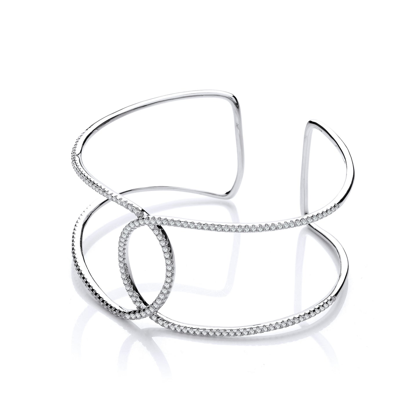 Micro Pave' Two Row Cubic Zirconia Interlocking Cuff Silver Bangle - Silver