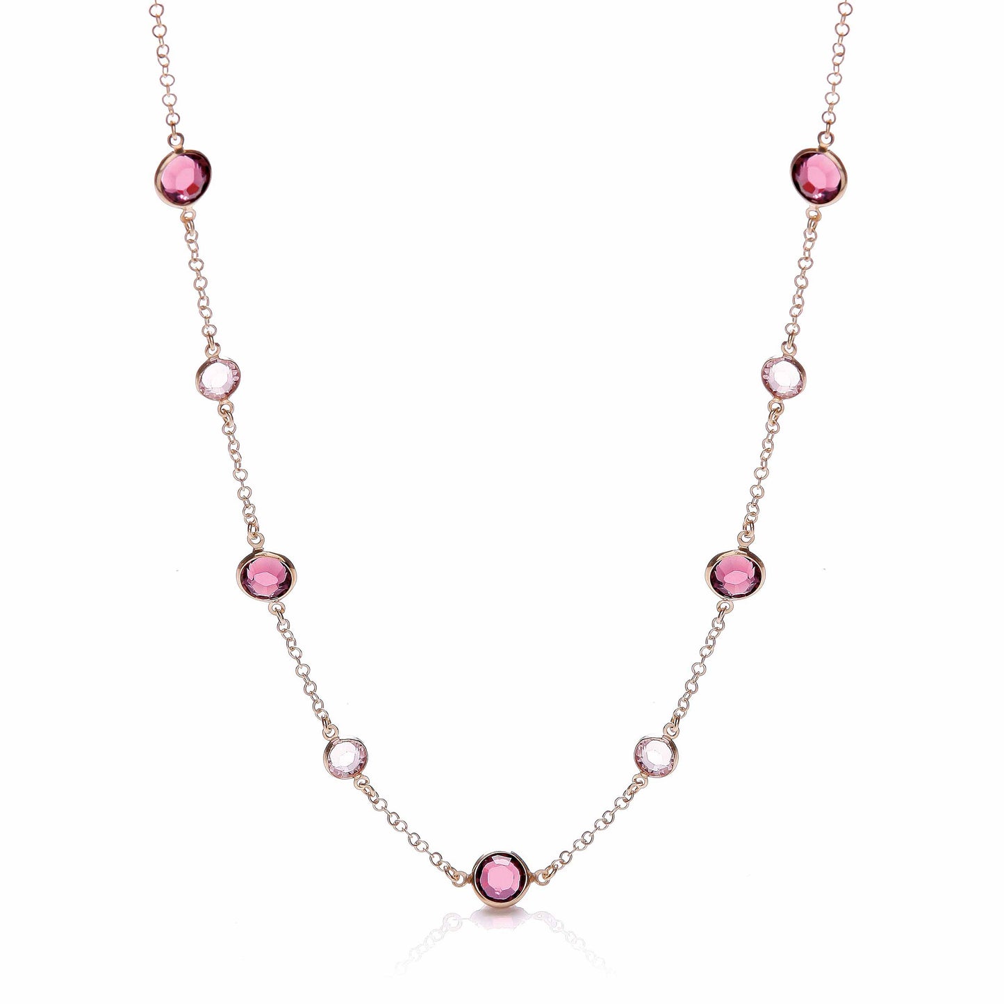 Purple, Pink Stones, Silver Rose Coated Necklace - Silver
