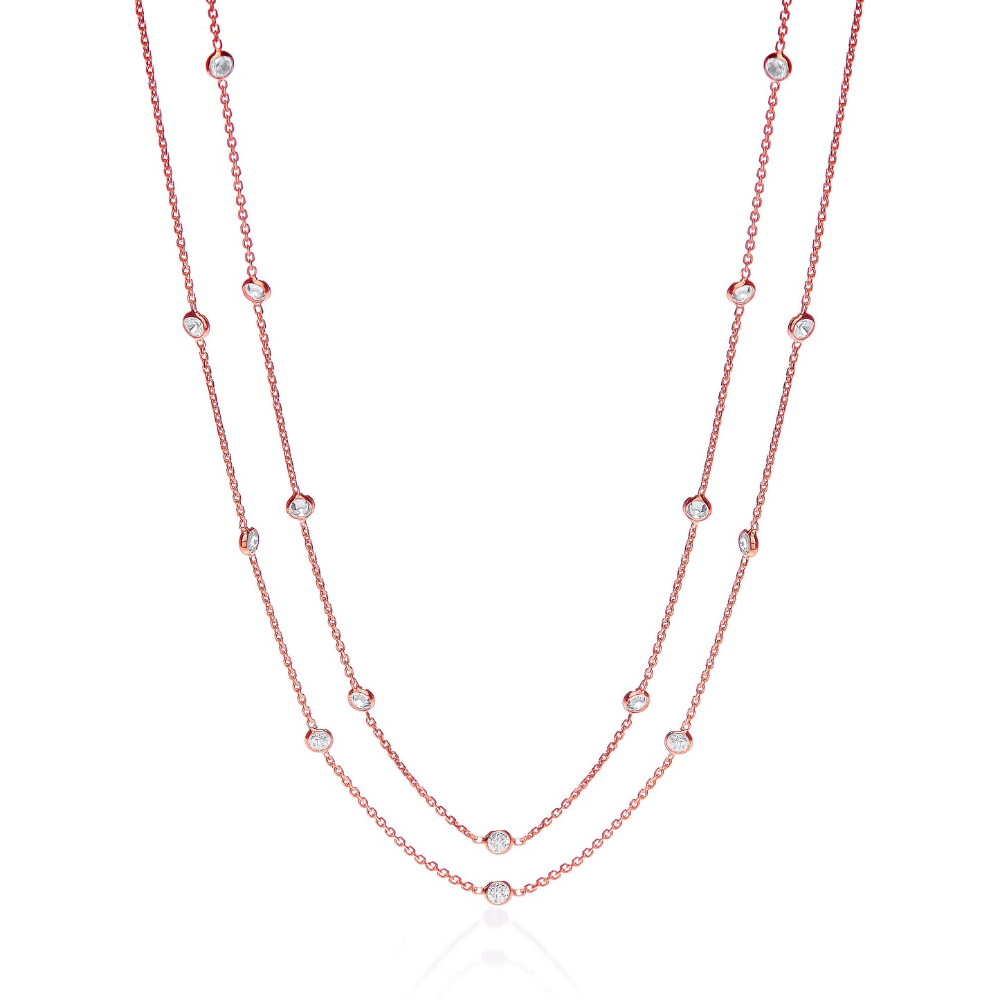 Rose Coated Rubover 23 Cubic Zirconia's Necklace 38" - Silver