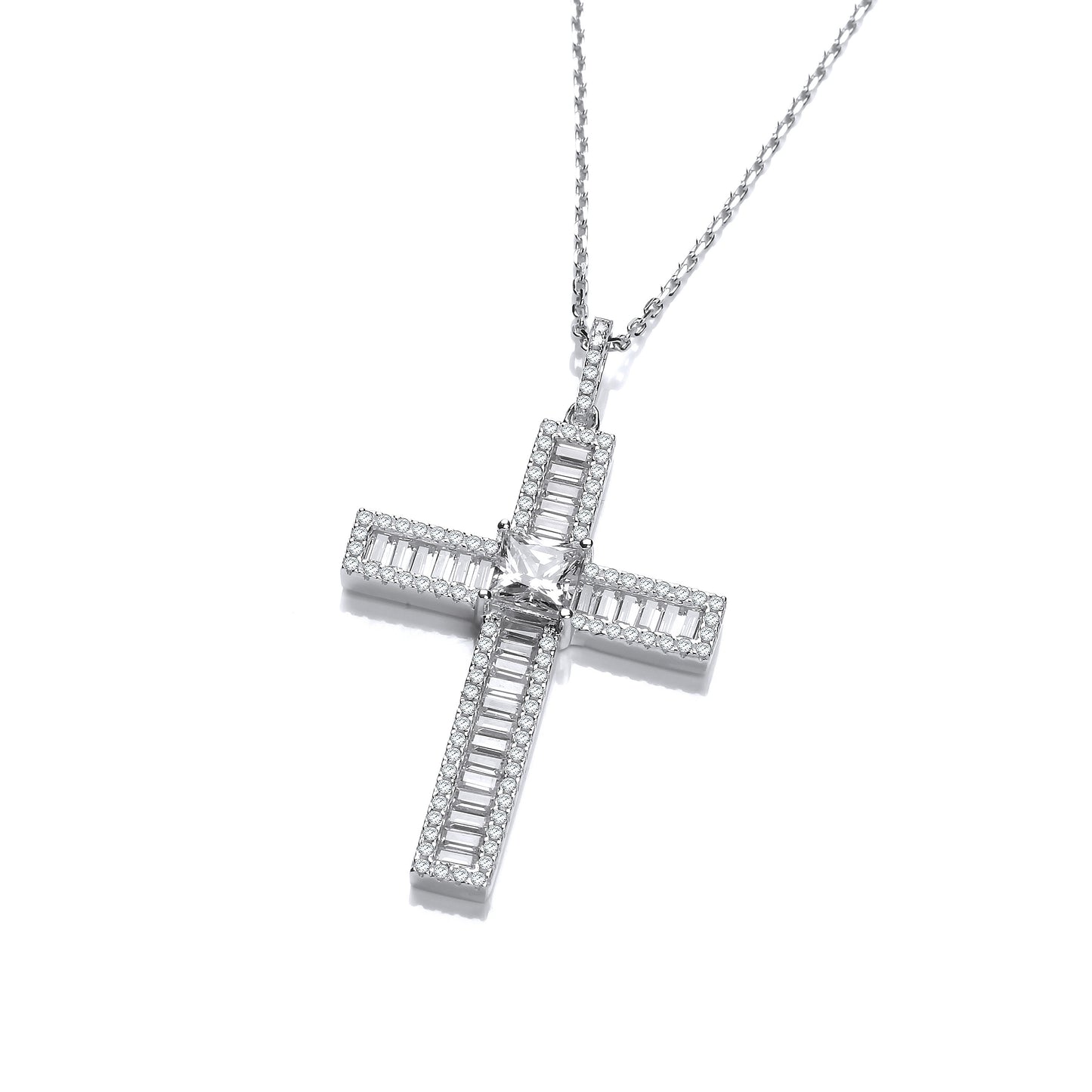 Micro Pave Baguette Cubic Zirconias Cross with Chain - Silver