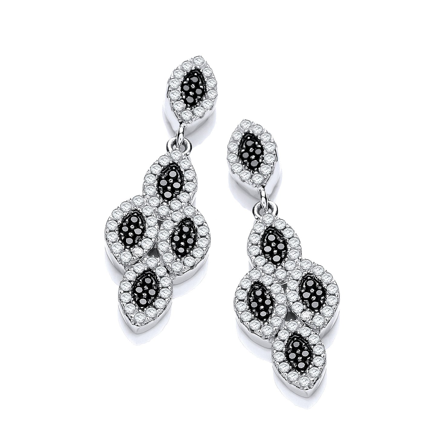 Micro Pave' Black & White Cubic Zirconia Drop Earrings - Silver