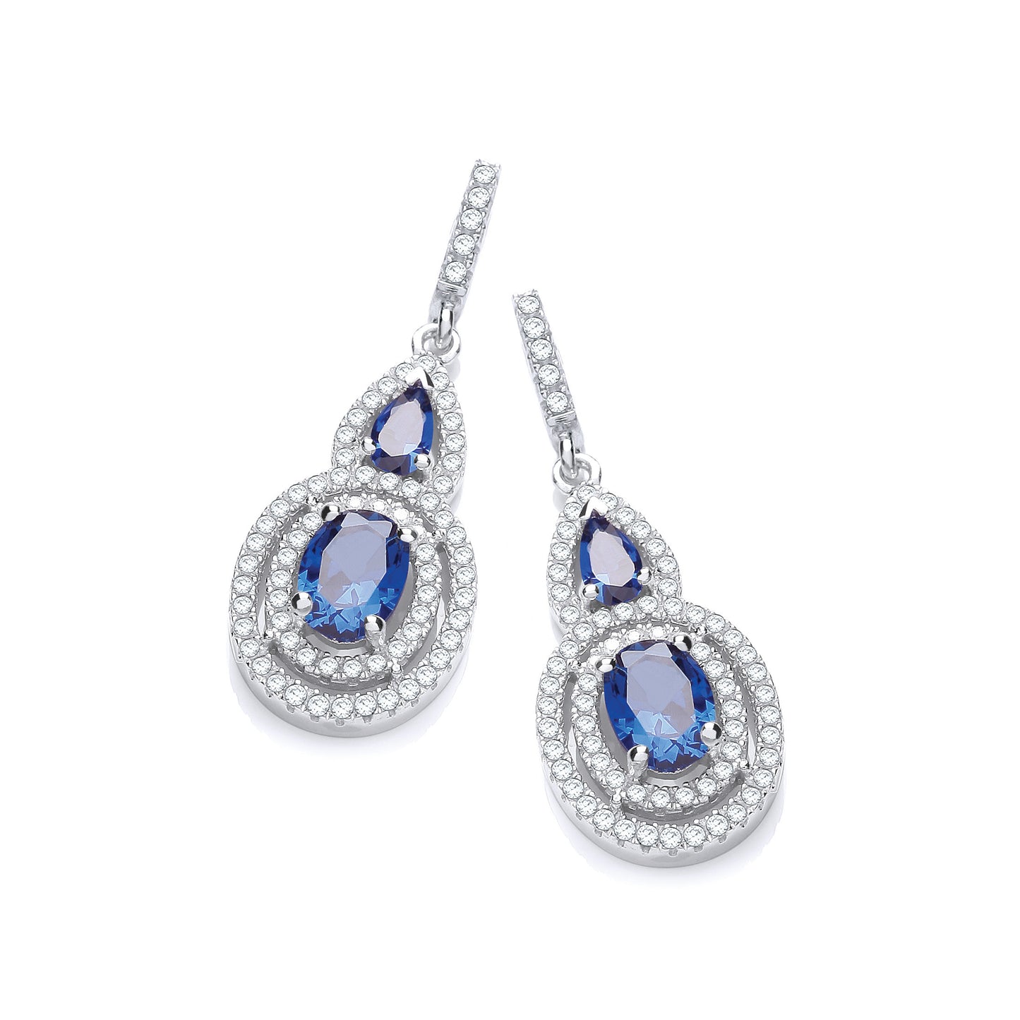 Micro Pave' Sapphire & White Cubic Zirconia Drop Earrings - Silver