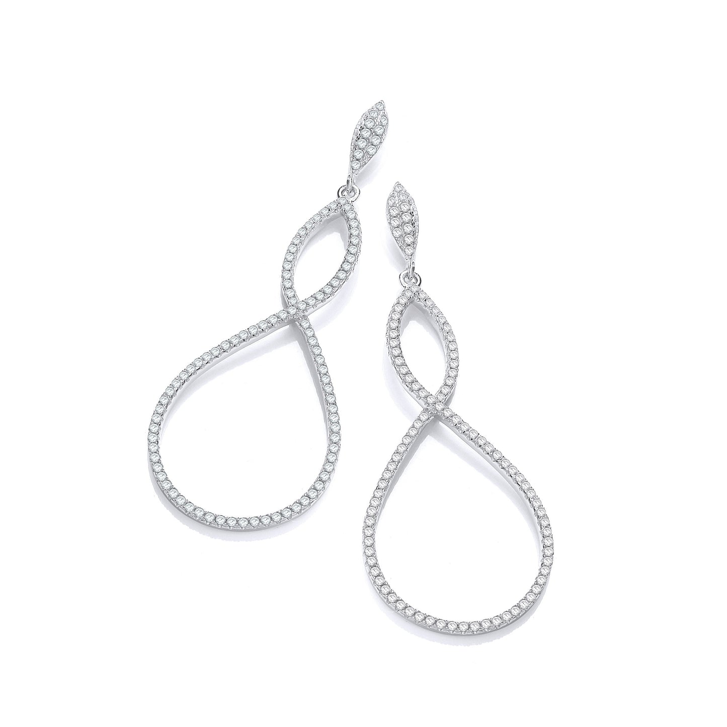 Micro Pave' Oval Long Drop Cubic Zirconia Earrings - Silver