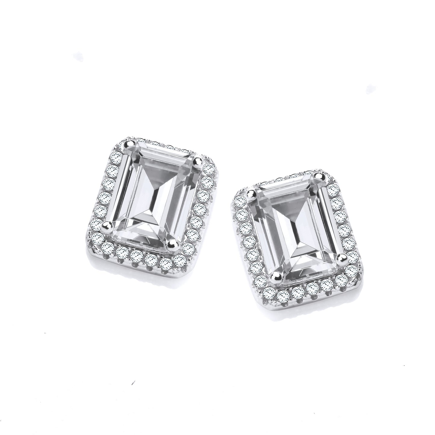 Micro Pave Emerald Cut Cubic Zirconia Silver Stud Earrings - Silver
