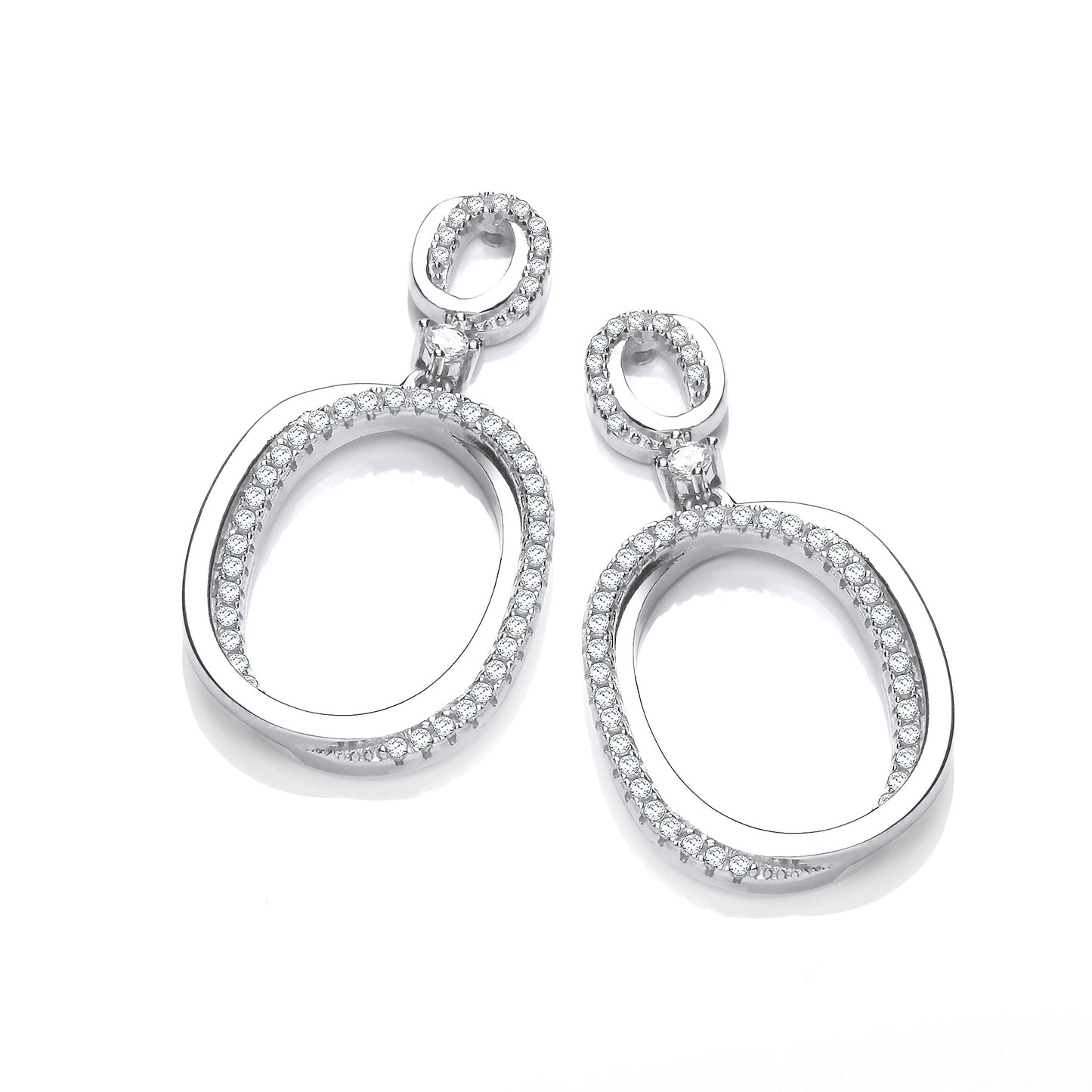 Oval Plain & Cubic Zirconias Drop Earrings - Silver