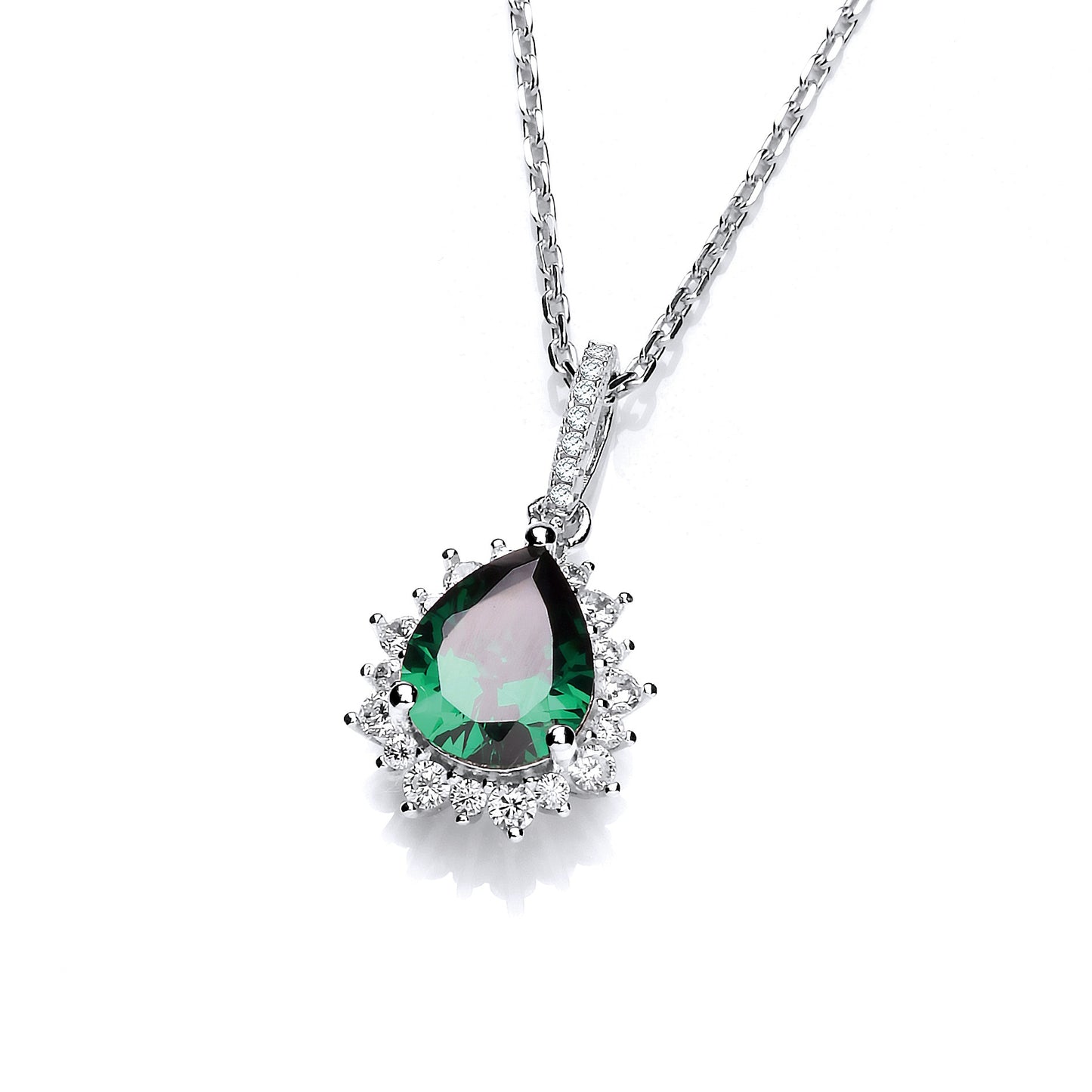 Silver Green Teardrop Cubic Zirconia Pendant with 18" Chain - Silver