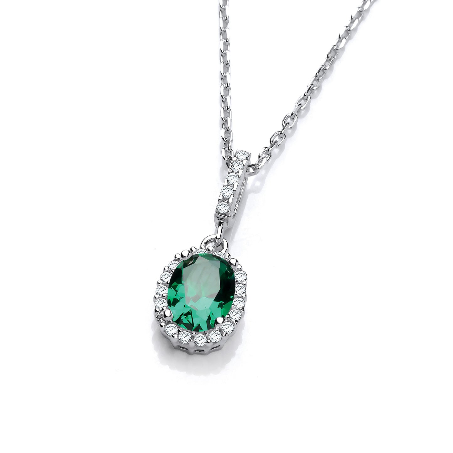 Oval Green Cubic Zirconia Drop Pendant with 18" Chain - Silver