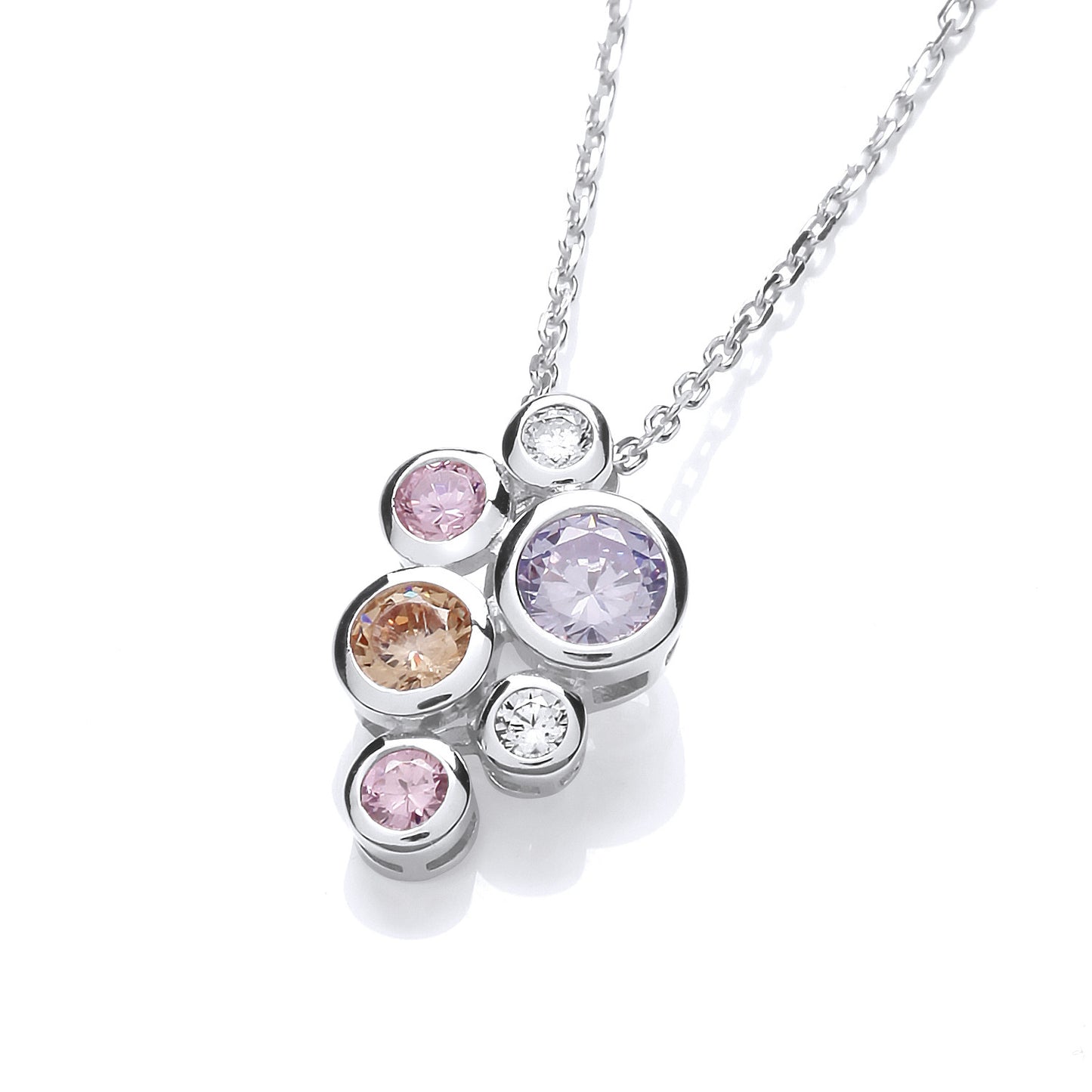 Multi Colour Rubover set Cubic Zirconias Pendant with Chain - Silver