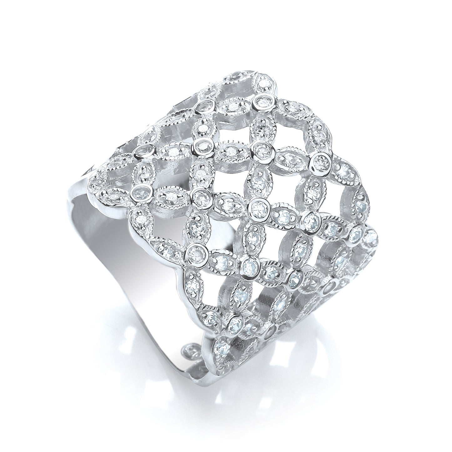 Multi-Row Fancy Flower Cubic Zirconia Ring - Silver