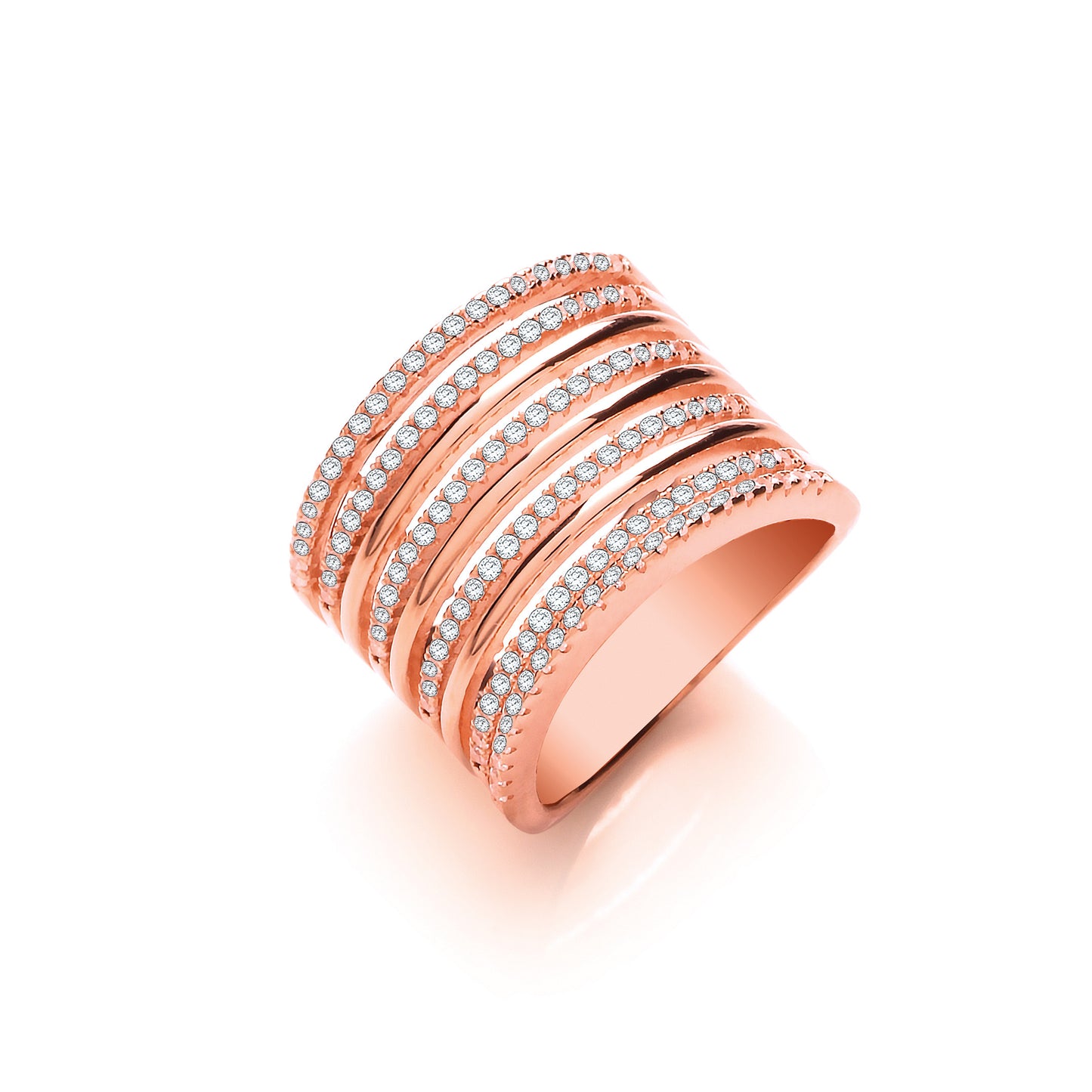 Micro Pave 9 Rows, Rose Coated Silver Ladies Ring - Silver
