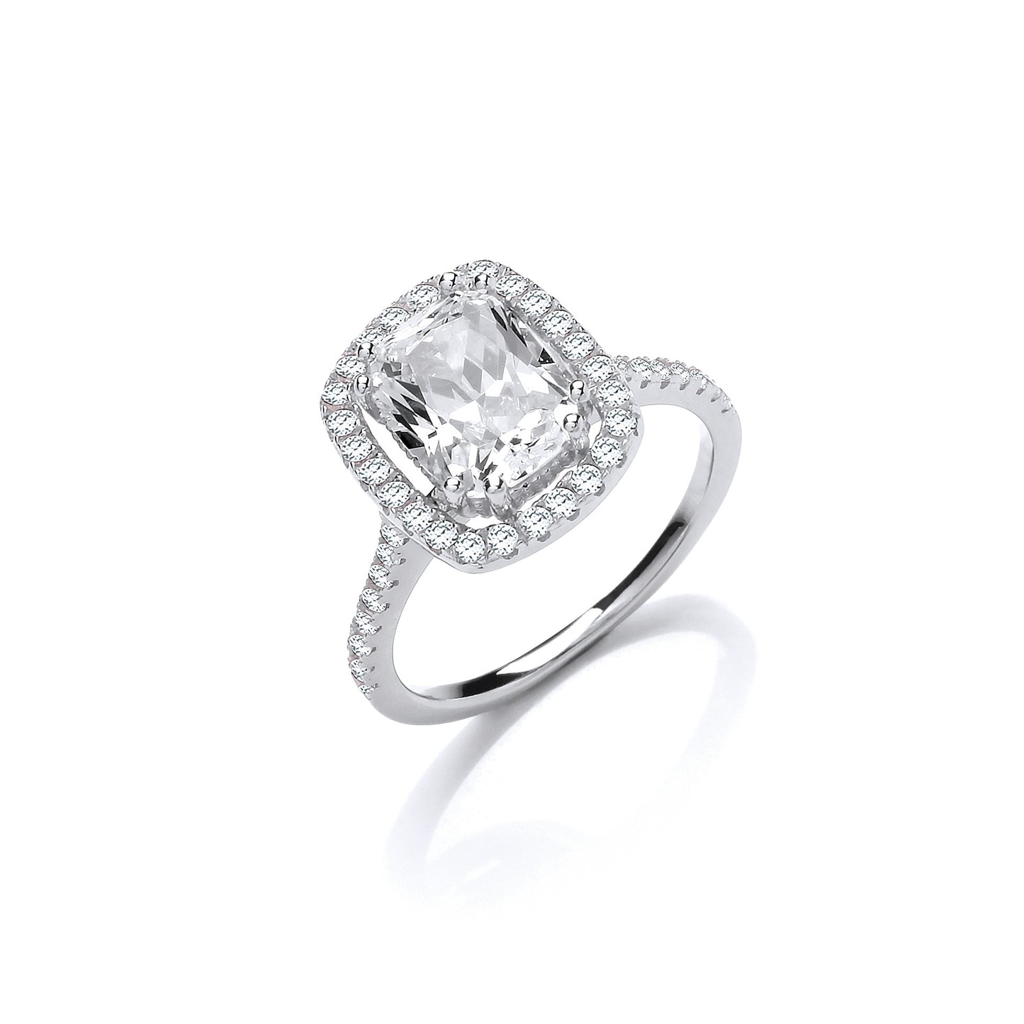 Halo Style High Setting Emerald Cut Cubic Zirconia Silver Ring - Silver