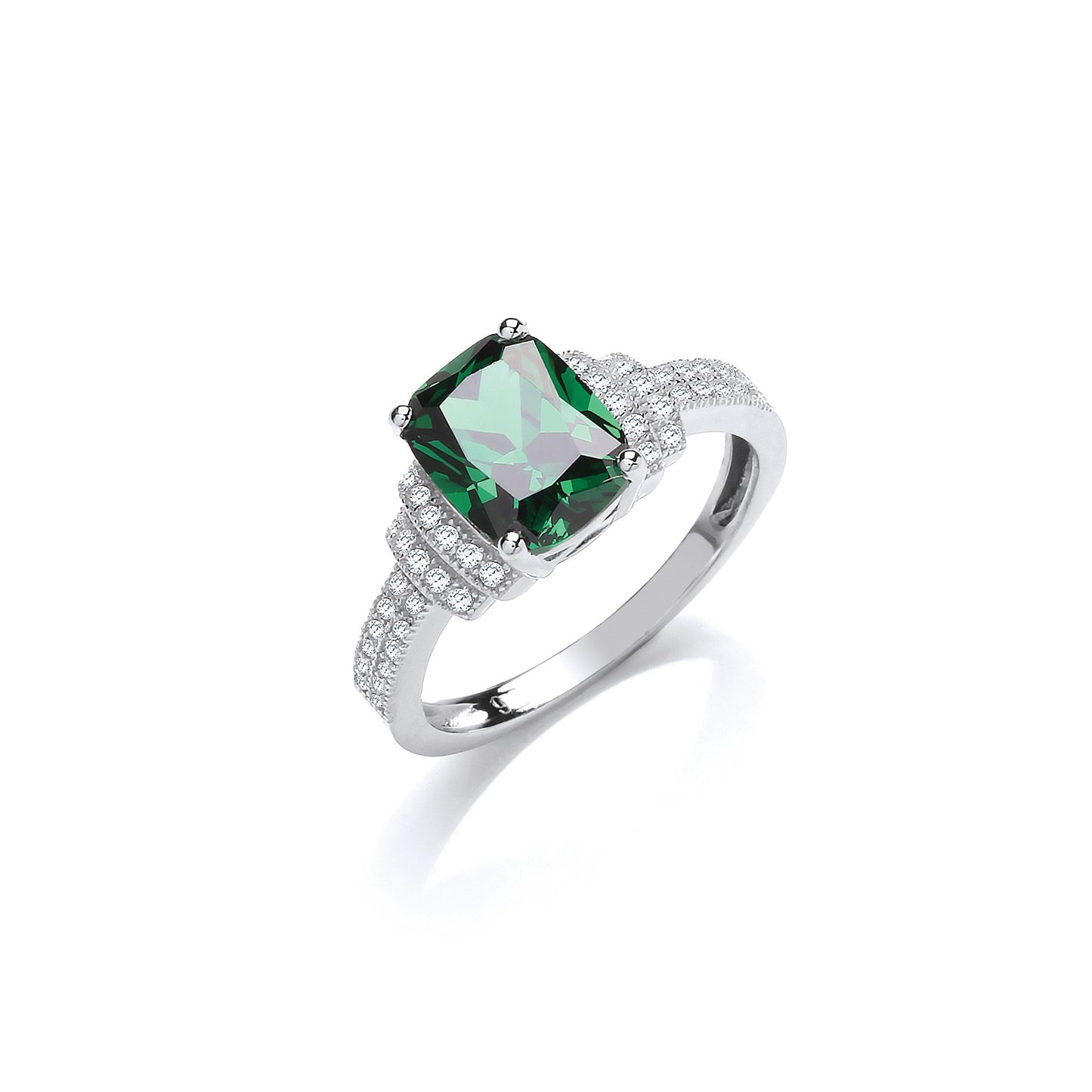 Emerald Cut Green Cubic Zirconia Centre with Clear Cubic Zirconia on Shoulder Silver Ring - Silver