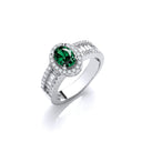 Oval Green Cubic Zirconia with Baguette & Round Cubic Zirconias on Shoulder Silver Ring