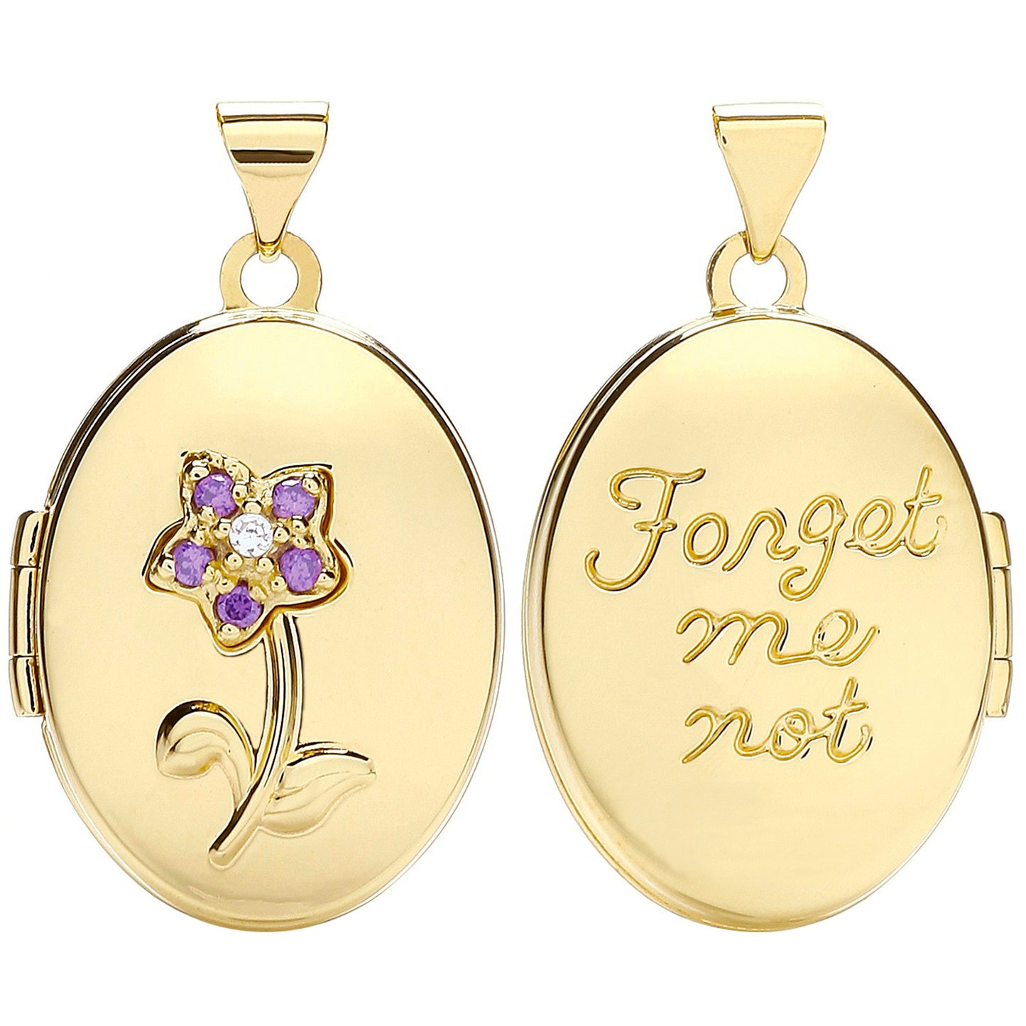 Yellow Gold Oval Double Sided Locket with Purple Cubic Zirconia - 9ct Gold