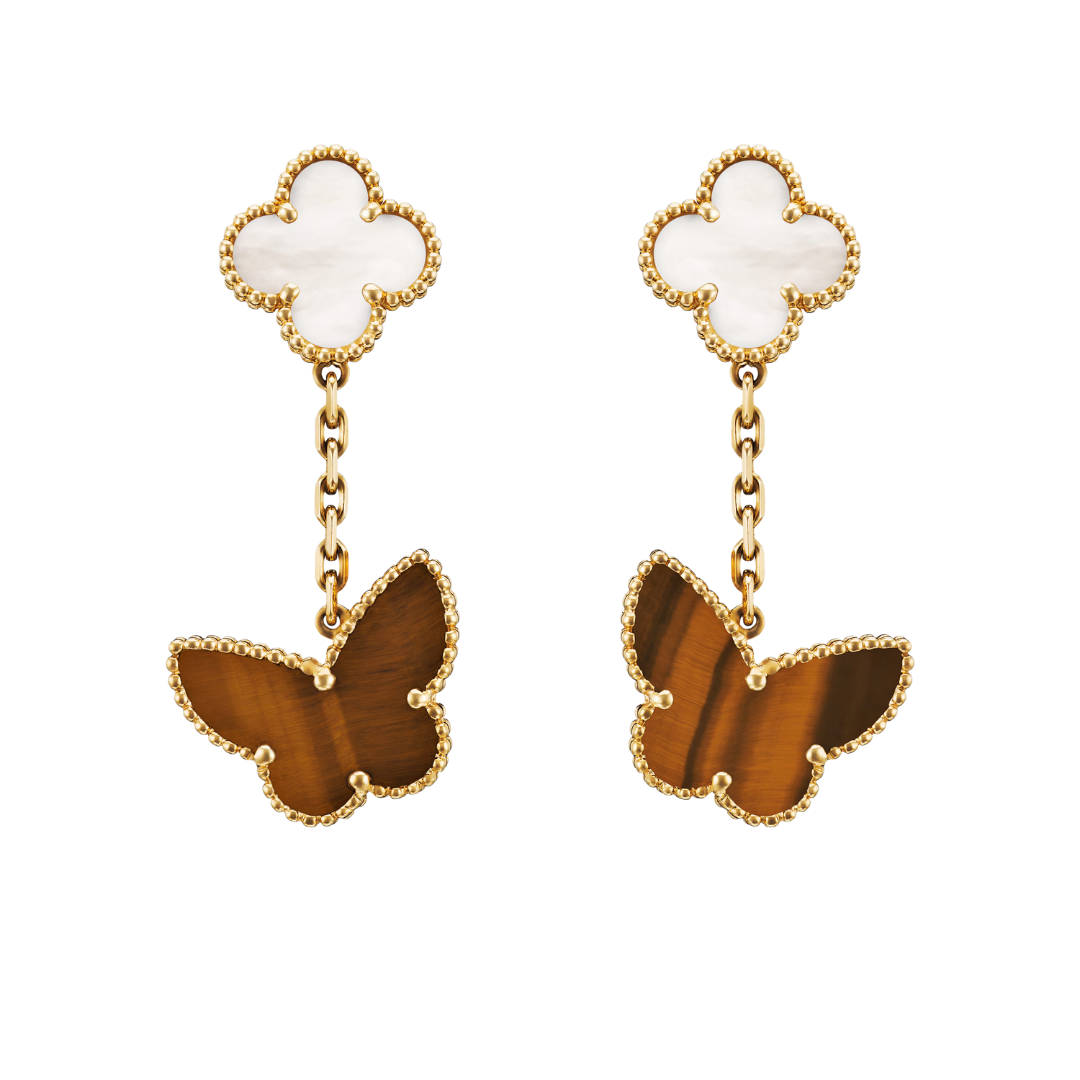 Belle Vante Earrings 2 Motifs Mother-Of-Pearl and Tiger Eye 18K Yellow Gold