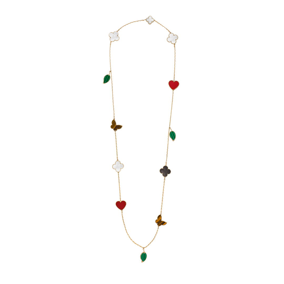 Belle Vante Long Necklace 12 Motifs Carnelian, Malachite, Mother-Of-Pearl and Tiger Eye 18K Yellow Gold