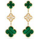 Magic Alhambra 3 Motifs Earrings in 18K Yellow Gold with Diamond and Malachite