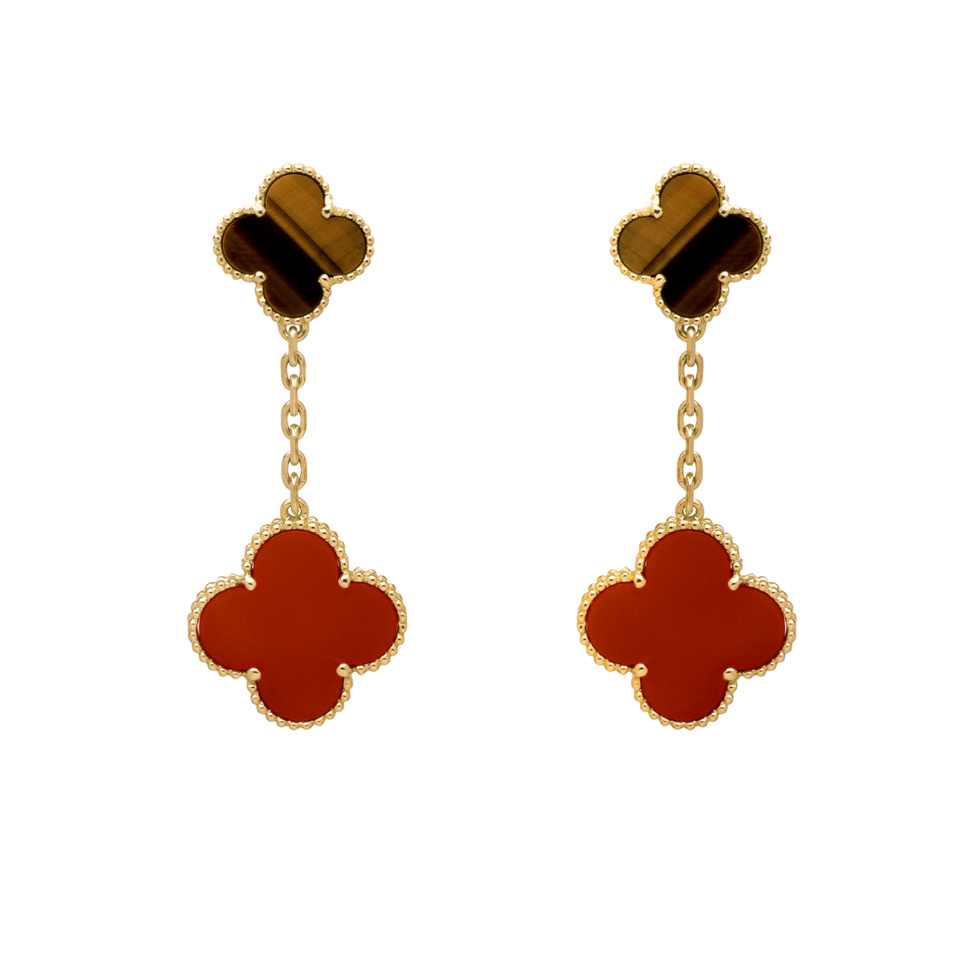 Belle Vante Earrings 2 Motifs Carnelian and Tiger Eye 18K Yellow Gold