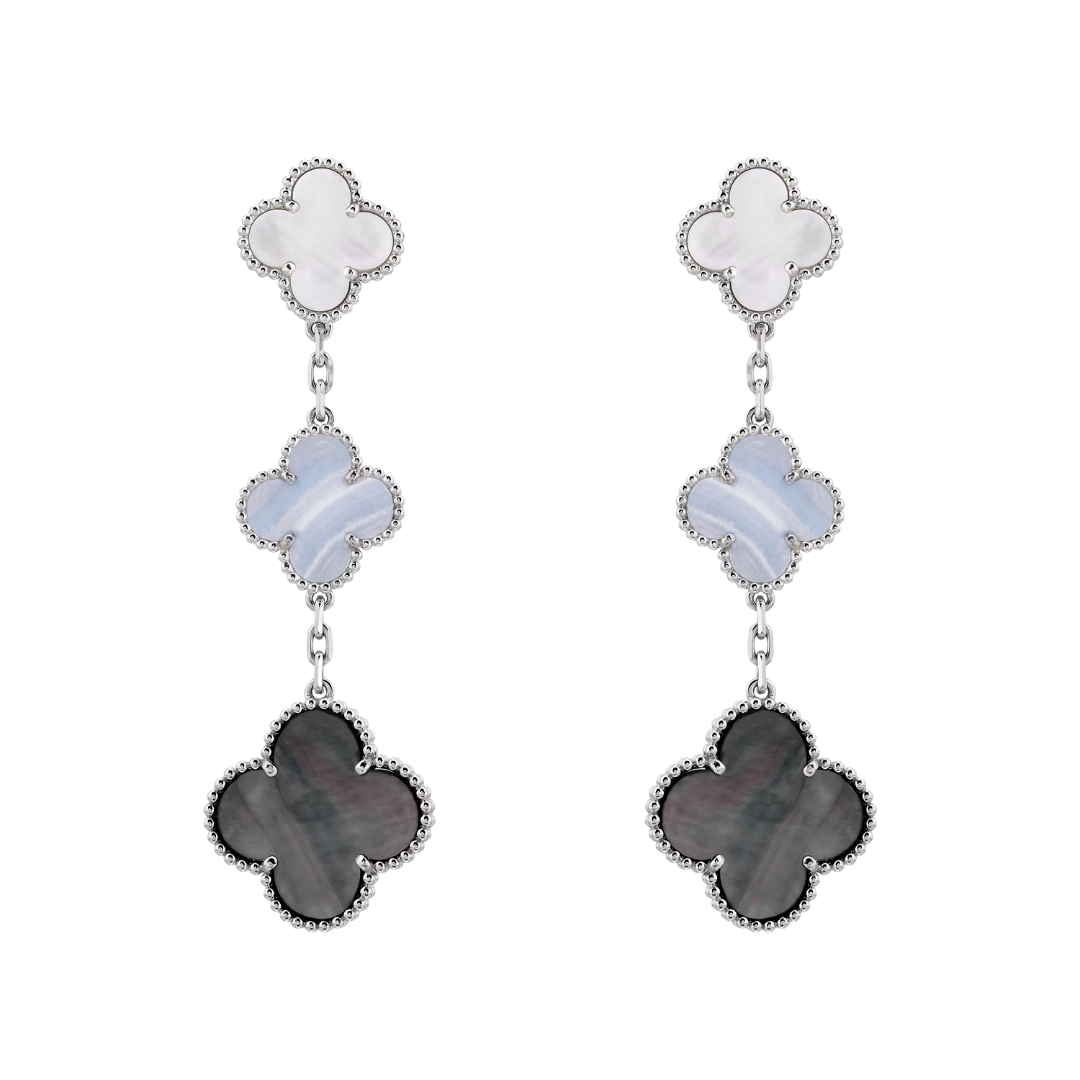 Belle Vante Earrings 3 Motifs Chalcedony and Mother-Of-Pearl 18K White Gold