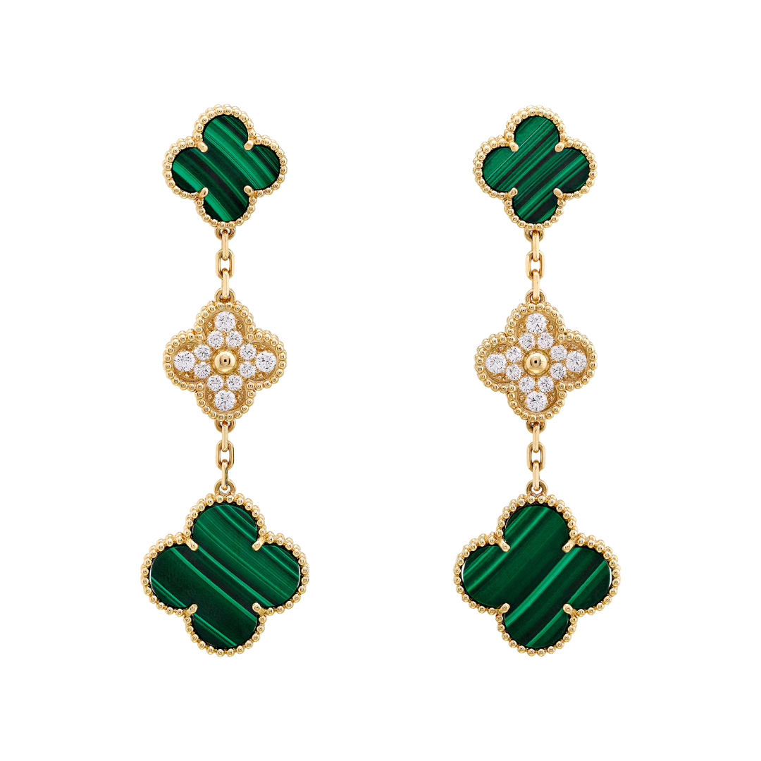 Belle Vante Earrings 3 Motifs Diamonds and Malachite 18K Yellow Gold