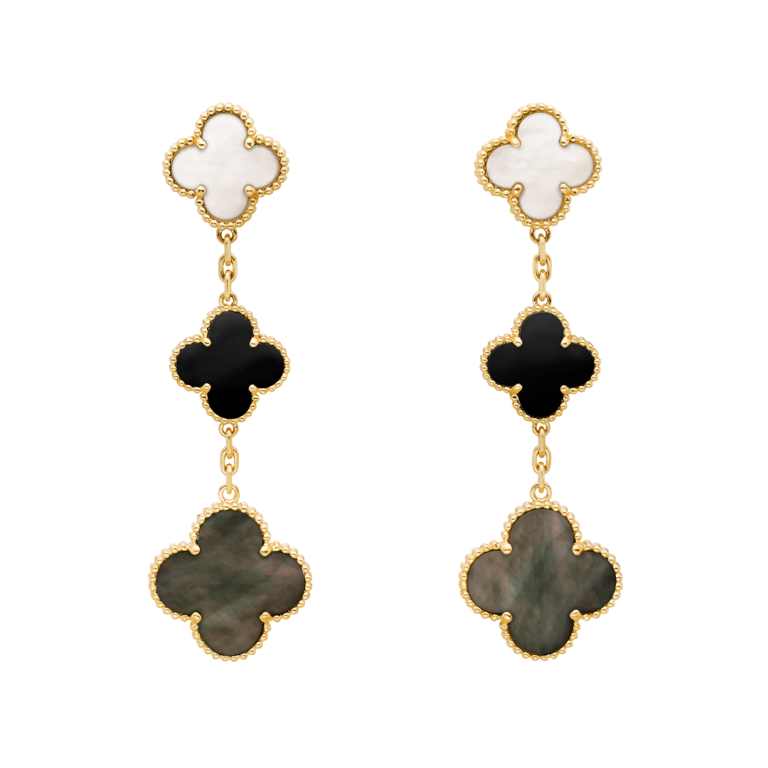 Belle Vante Earrings 3 Motifs Mother-Of-Pearl and Onyx 18K Yellow Gold