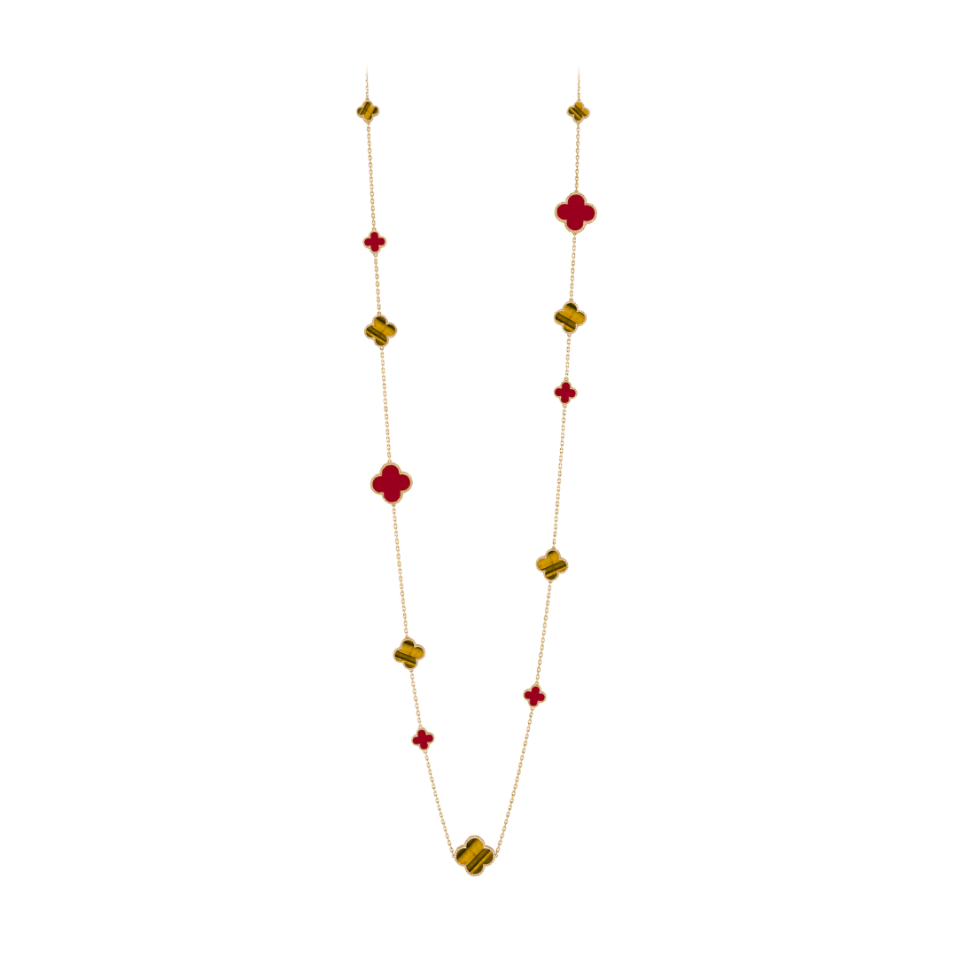 Belle Vante Long Necklace 16 Motifs Carnelian and Tiger Eye 18K Yellow Gold